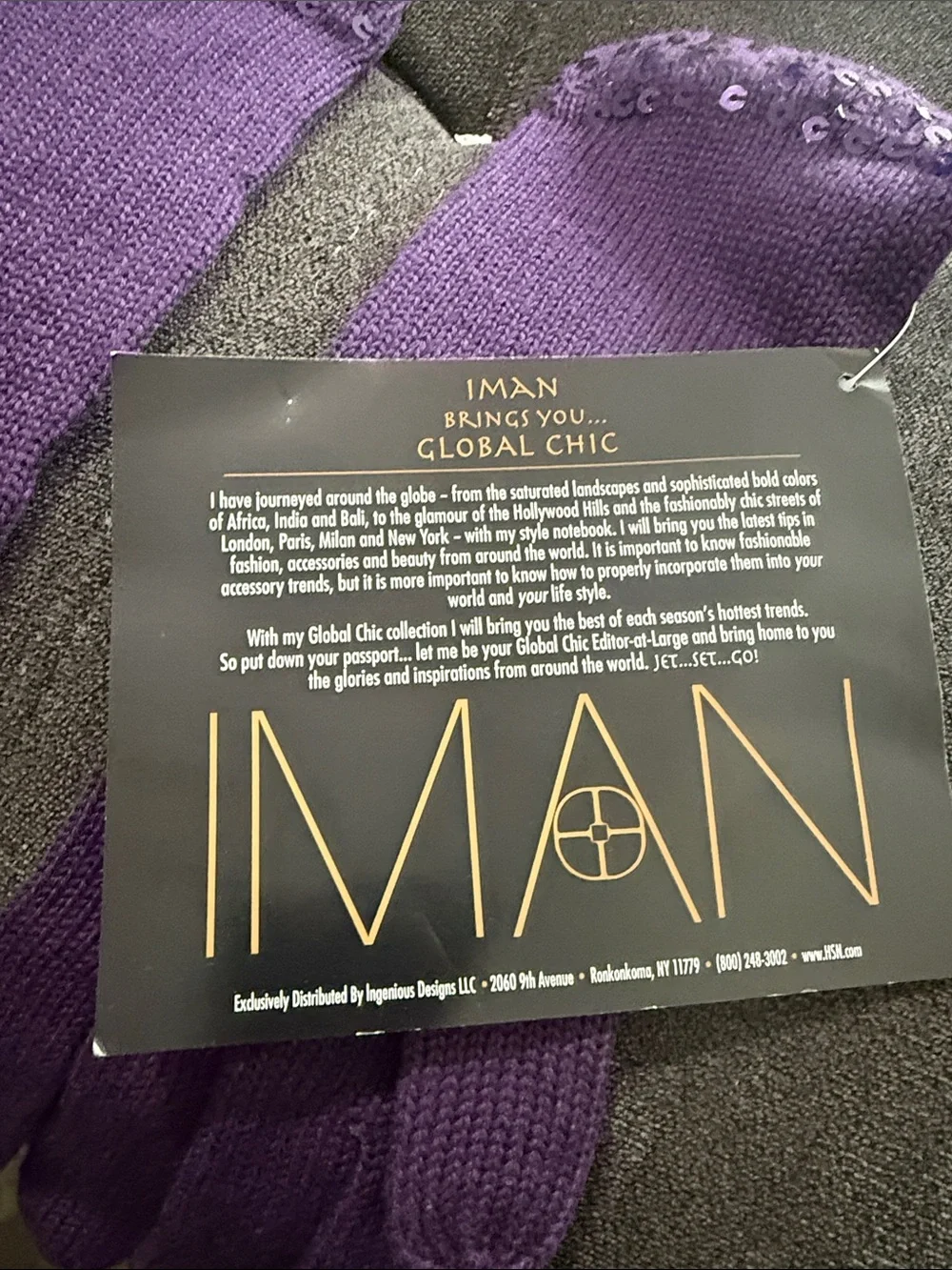 IMAN Purple Knit Gloves with Sequin Cuff Trim NWT